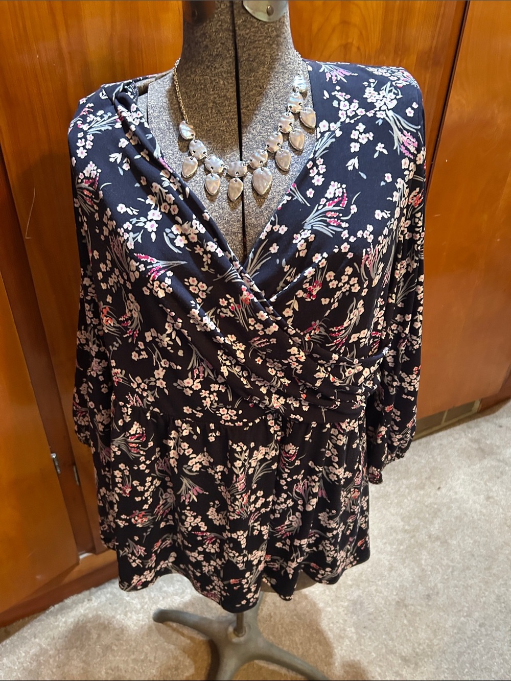 Lane Bryant Black Floral Wrap Tunic with Pink and White Blossoms